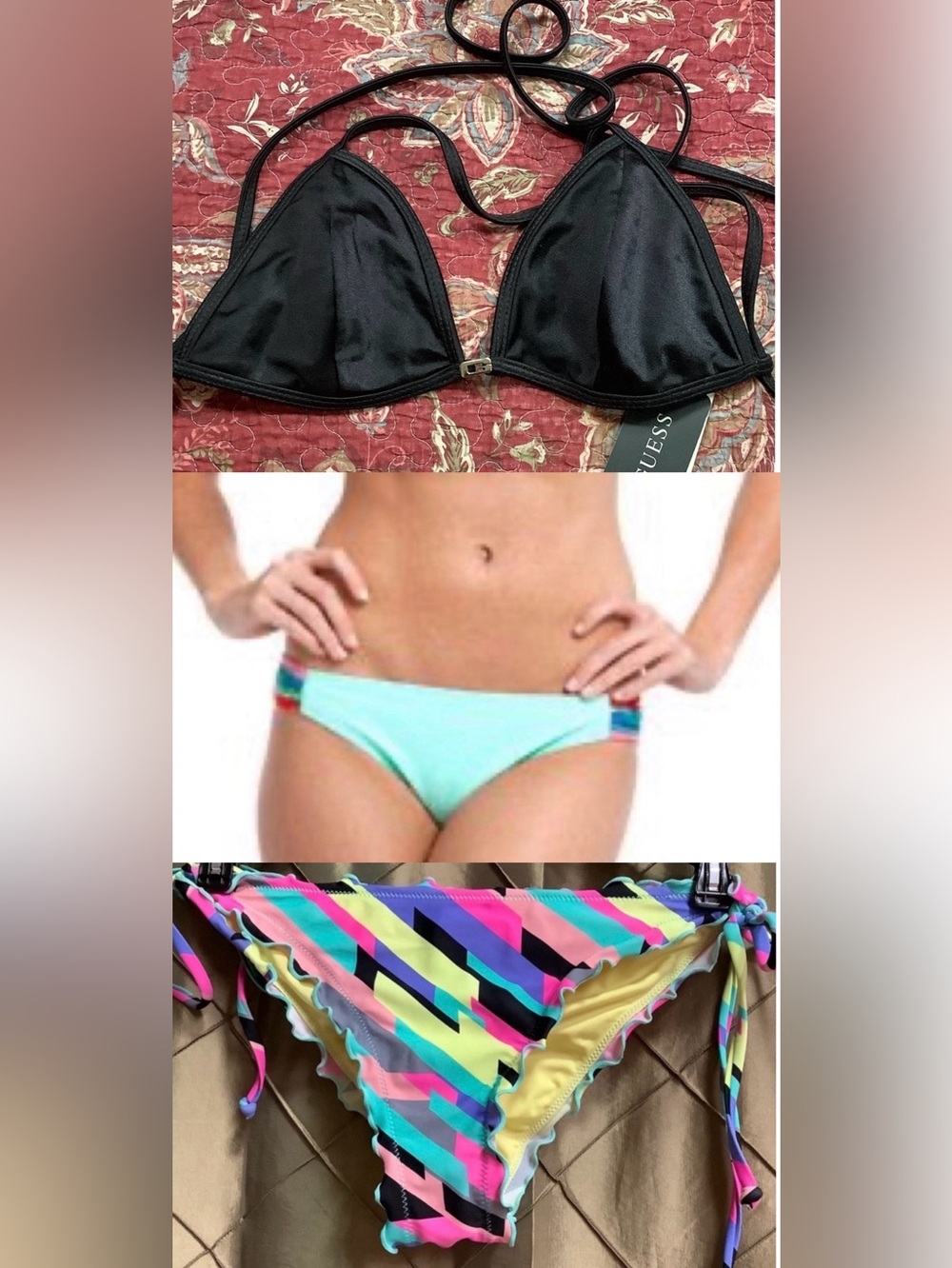 NWT- Guess Classic Triangle Bikini Top w/G Logo Detail w/2 FREE M Bottoms